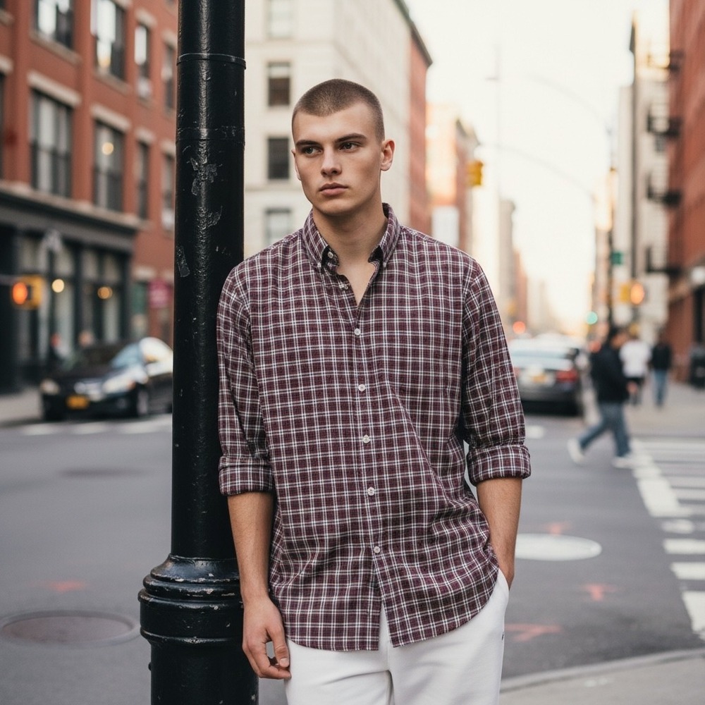 Theory Mens Sylvain Thebes Plaid Button Down Shirt Burgundy White Large G0874502